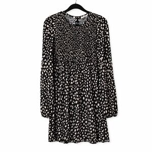 Mi Ami Polka Dot Smocked Waist Long Sleeve Babydoll Dress Black Size L